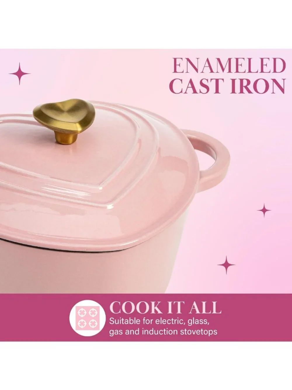 Heart-Shaped Enameled Cast Iron Dutch Oven Pot with Lid, 2-Quart, Pink, Oven